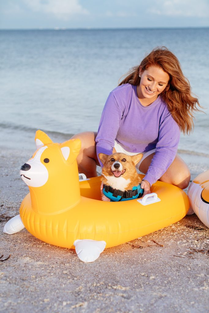 Corgi Welsh Wear photoshoot on Florida's coastline of Ft Desoto Beach highlighting Welsh Wear's products and lifestyle images.  Click here to see more!